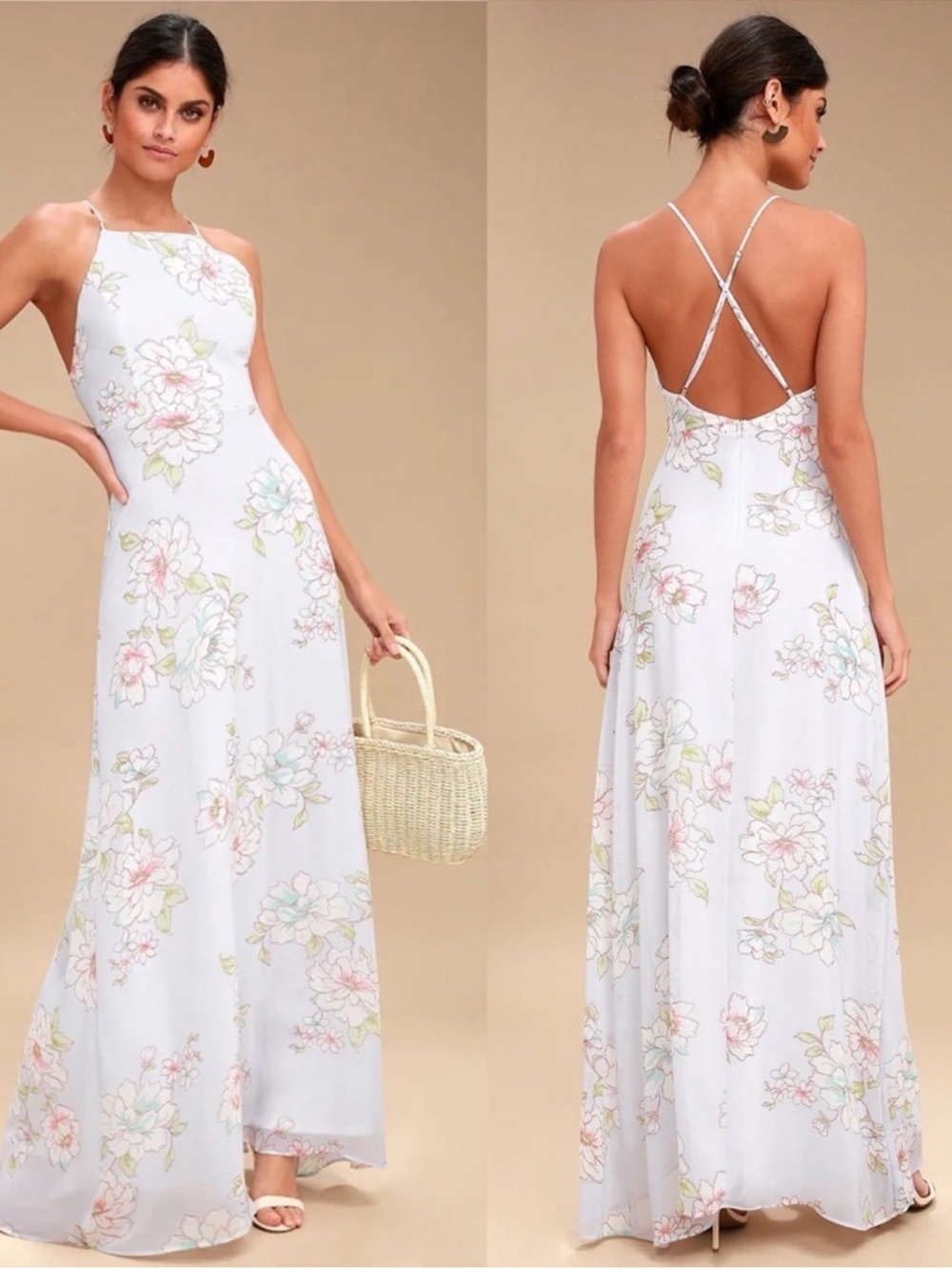 NWT Lulus Blooms For You Blue Floral Chiffon Maxi Dress Open Back XS